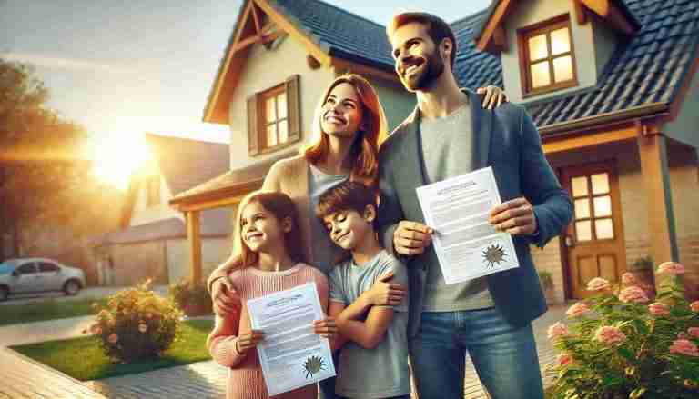 Familia feliz frente a su hogar sosteniendo documentos legales, representando el éxito de la Ley de Segunda Oportunidad con ayuda de un abogado en Granollers.