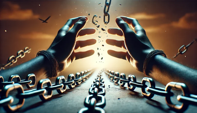 Manos rompiendo cadenas bajo una luz cálida, simbolizando la liberación de deudas gracias a la Ley de Segunda Oportunidad y el apoyo de un abogado en Granollers.