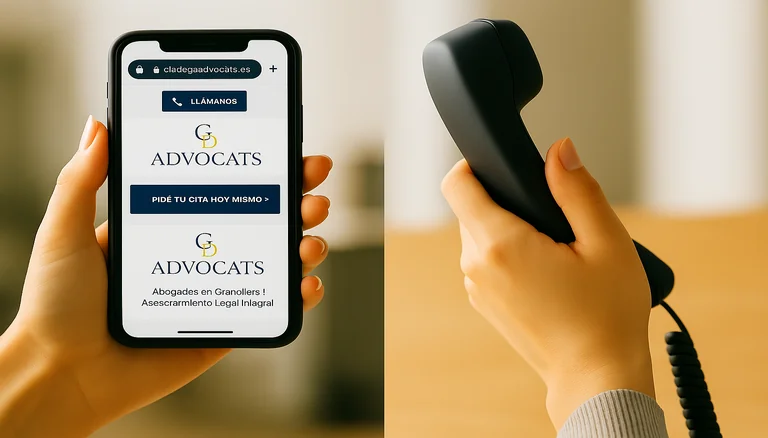 Telèfon mòbil amb la pàgina web de García Degà Advocats oberta i contacte amb el despatx.