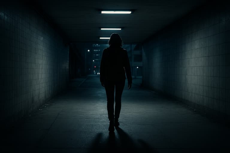 Mujer sola caminando de noche por un túnel - García Degà Advocats Silueta de mujer sola caminando por un túnel oscuro - Imagen ilustrativa sobre acoso sexual en vía pública. Abogado penalista en Granollers, García Degà Advocats