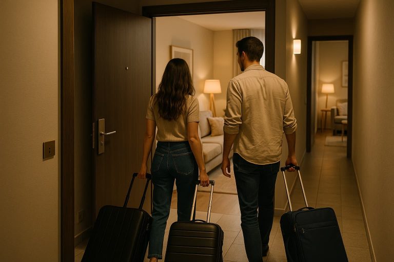 Pareja entrando con maletas en un apartamento turístico, posible caso de conflicto legal en Granollers