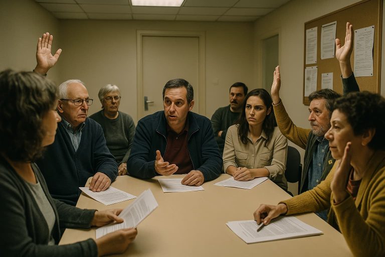 Vecinos reunidos en junta para debatir problemas comunitarios y conflictos en una finca de Granollers