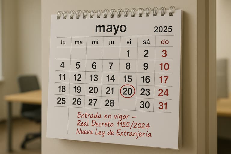 Calendario marcando el 20 de mayo de 2025 como fecha de entrada en vigor de la nueva ley de extranjería en España