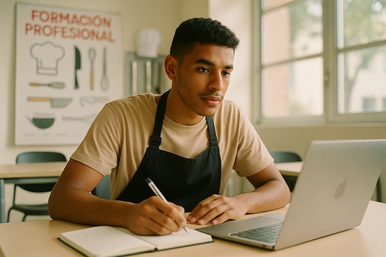 Joven en formación profesional preparando solicitud de arraigo socioformativo con apoyo legal en Granollers