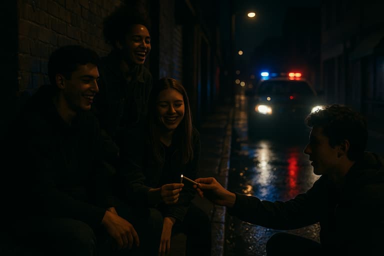 Grupo de jóvenes fumando porros de noche en la calle mientras se aproxima un coche de policía – consumo de cannabis en vía pública en Granollers