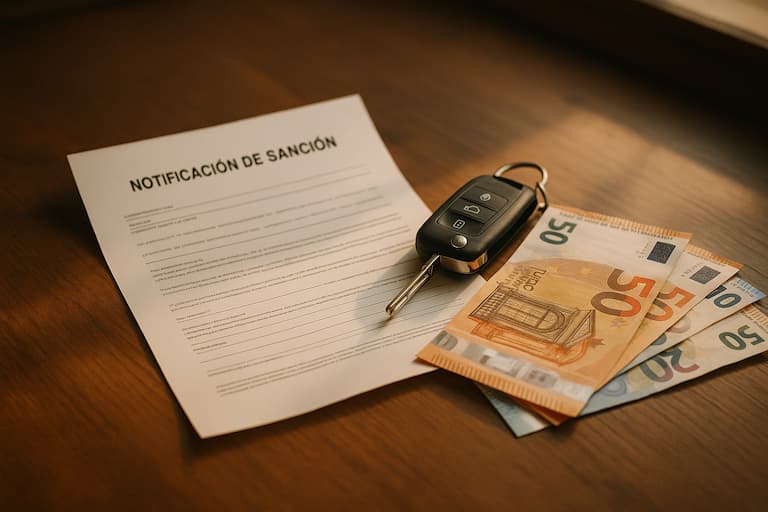 Notificació de sanció per conduir sense carnet al costat de bitllets i clau de cotxe a Granollers