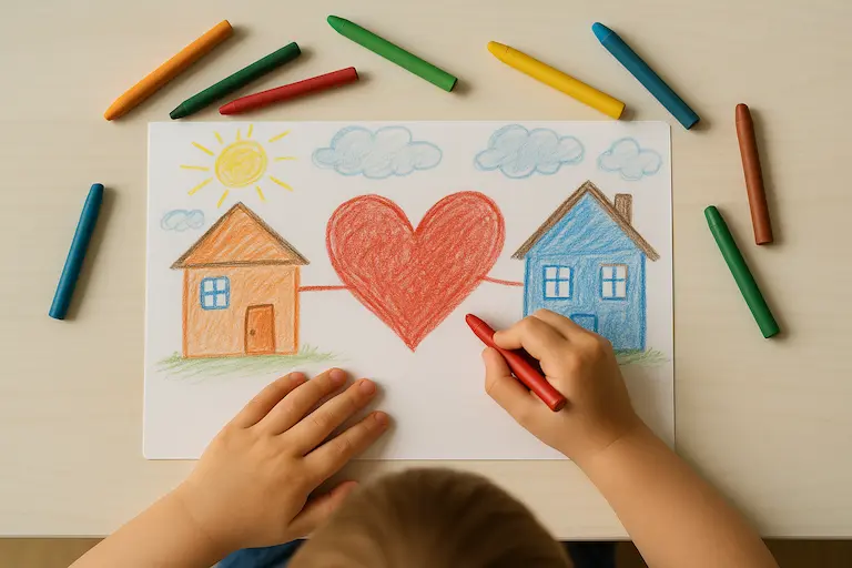 Dibujo infantil de dos casas unidas por un corazón