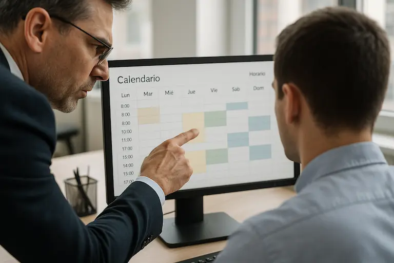 Jefe imponiendo horario y tareas a un falso autónomo en una oficina