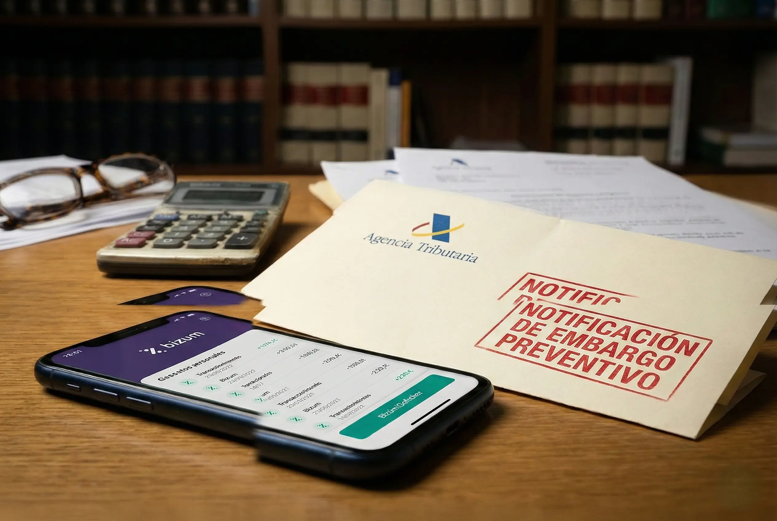 Smartphone con app Bizum y notificación de embargo de Hacienda en despacho de abogados