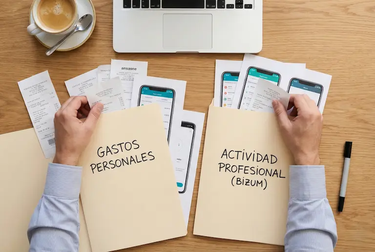 Manos organizando facturas y recibos de Bizum en carpetas separadas de gastos personales y actividad profesional