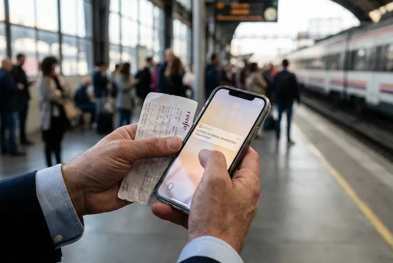 Primer pla de mans d'un treballador consultant una notificació de retard de tren al mòbil juntament amb un bitllet de Renfe