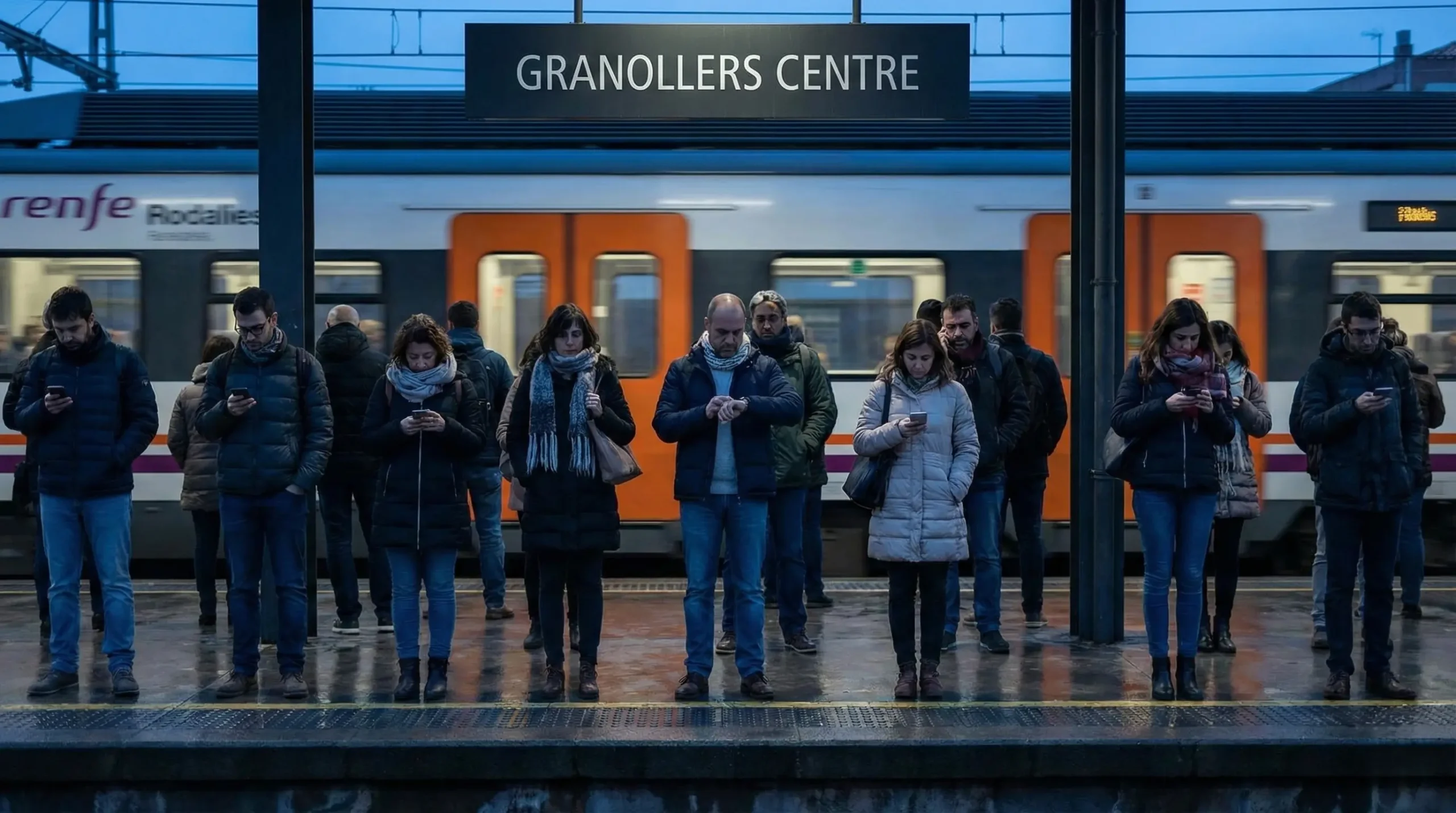 Passatgers esperant a l'andana de l'estació de Granollers Centre a l'alba a causa de retards a Rodalies