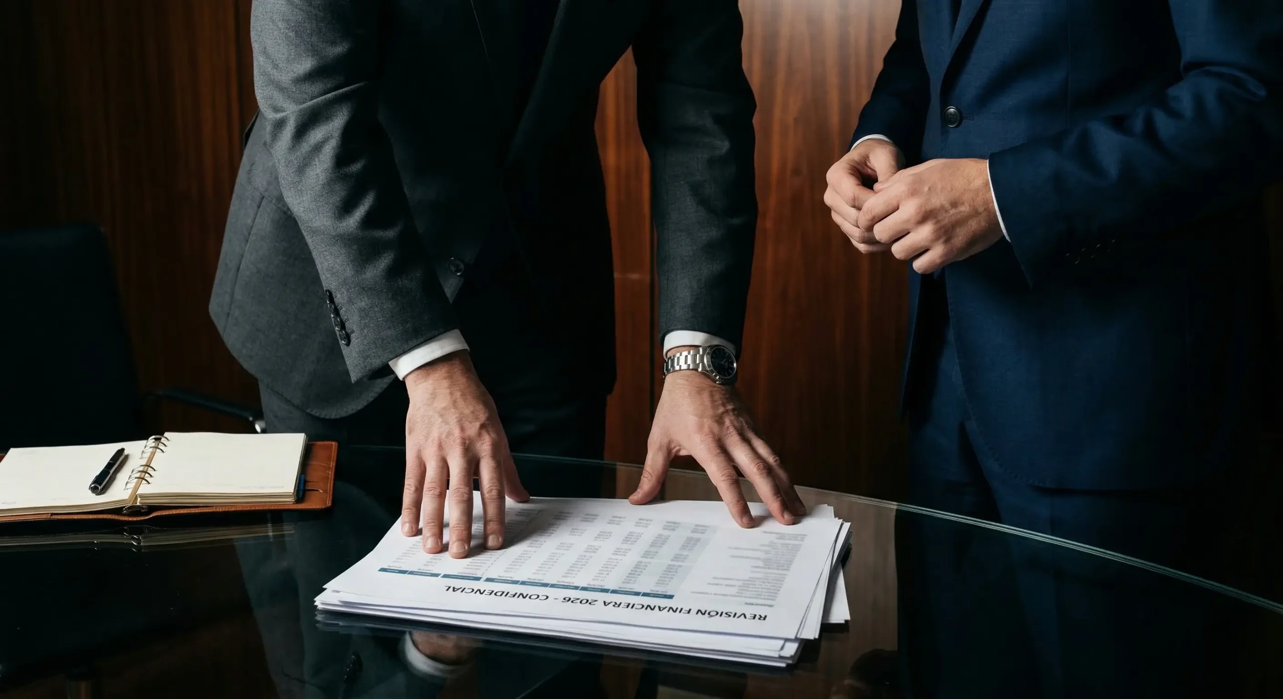 Dos empresarios revisando documentos financieros confidenciales en un caso de delitos económicos y conflictos societarios en Granollers
