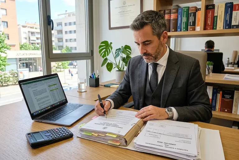 Advocat de desnonaments a Granollers revisant la documentació per reclamar la compensació a l'Estat