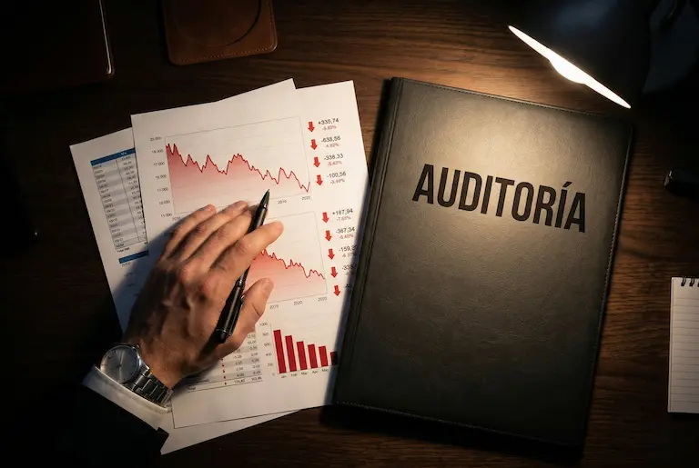 Carpeta de auditoría y análisis de gráficos financieros con pérdidas para investigar posibles delitos de apropiación indebida y administración desleal entre socios