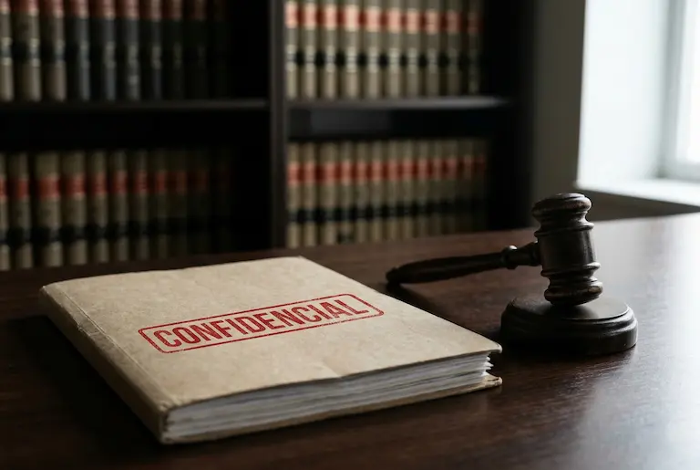 Carpeta legal confidencial y mazo de juez sobre un escritorio, representando la defensa penal para directivos acusados de delitos societarios