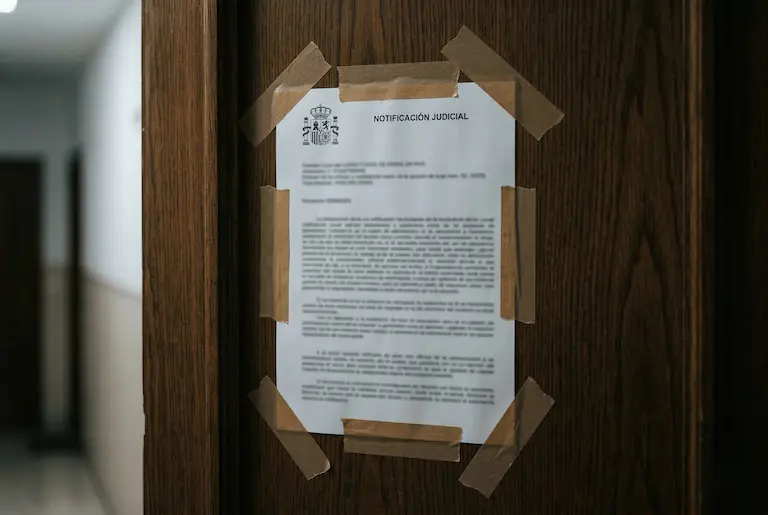 Notificació judicial de paralització de desnonament enganxada a la porta d'un habitatge