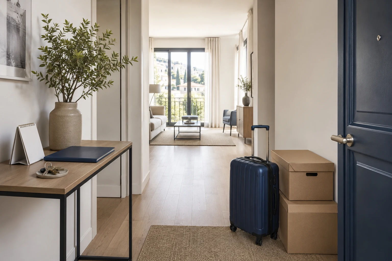 Maleta, llaves y calendario en una vivienda de alquiler de temporada en Cataluña