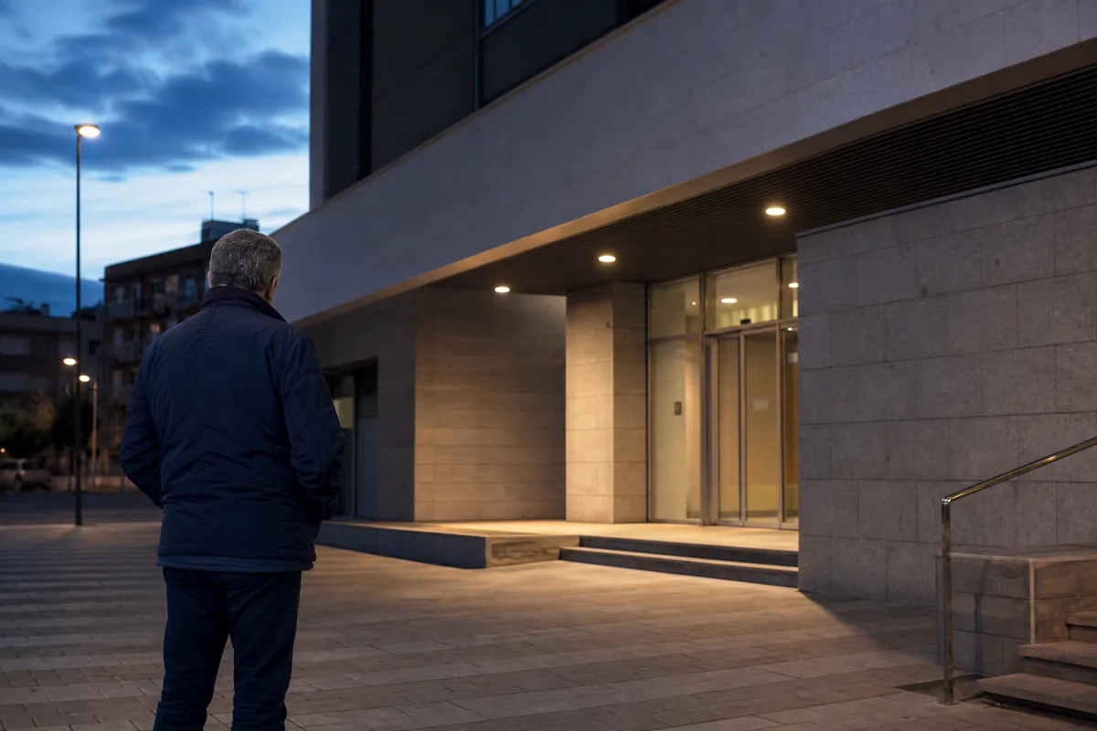 Exterior urbà d’un centre policial durant una assistència urgent
