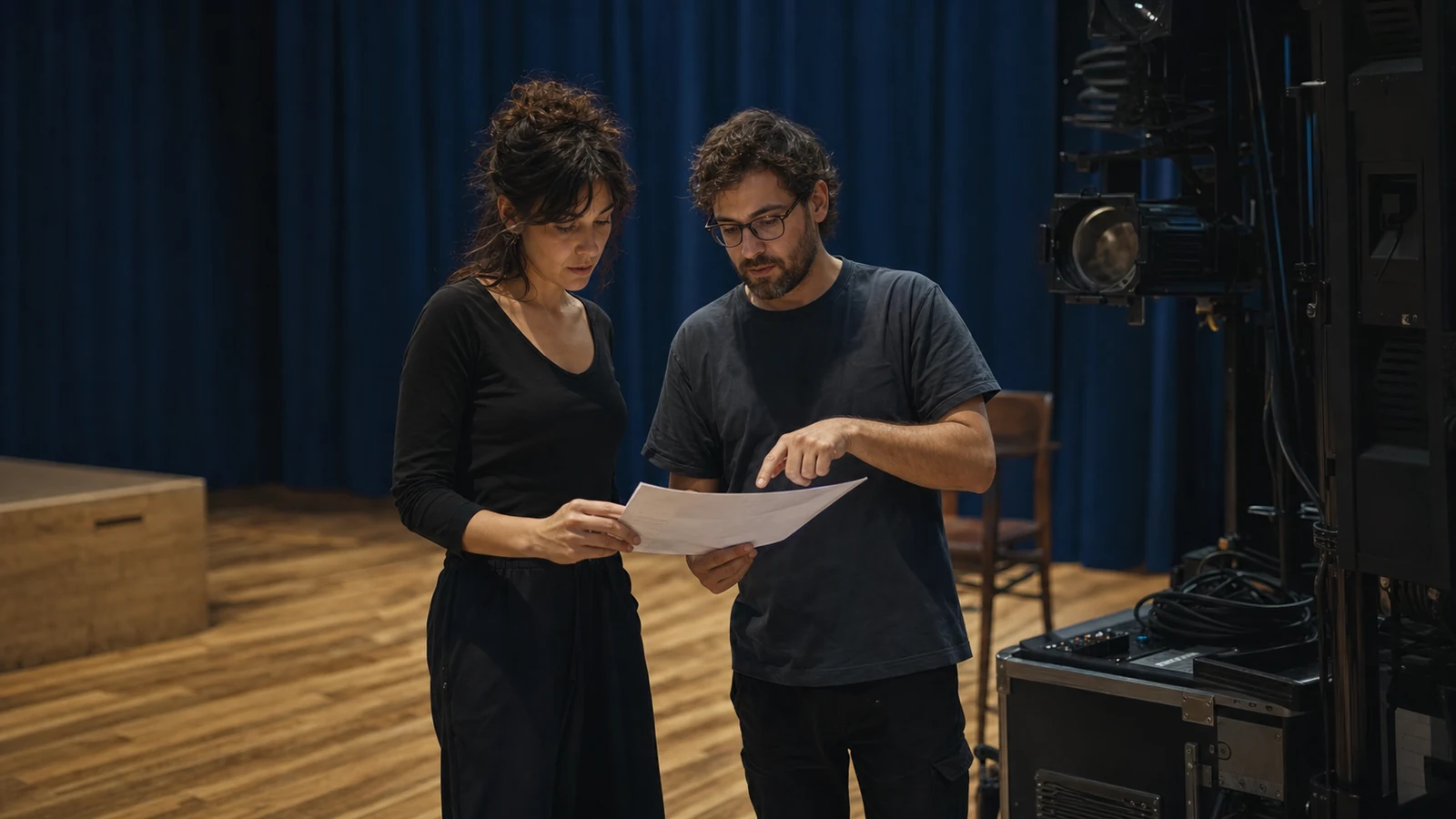 Artista y técnico de iluminación revisando un plan de trabajo en un escenario.