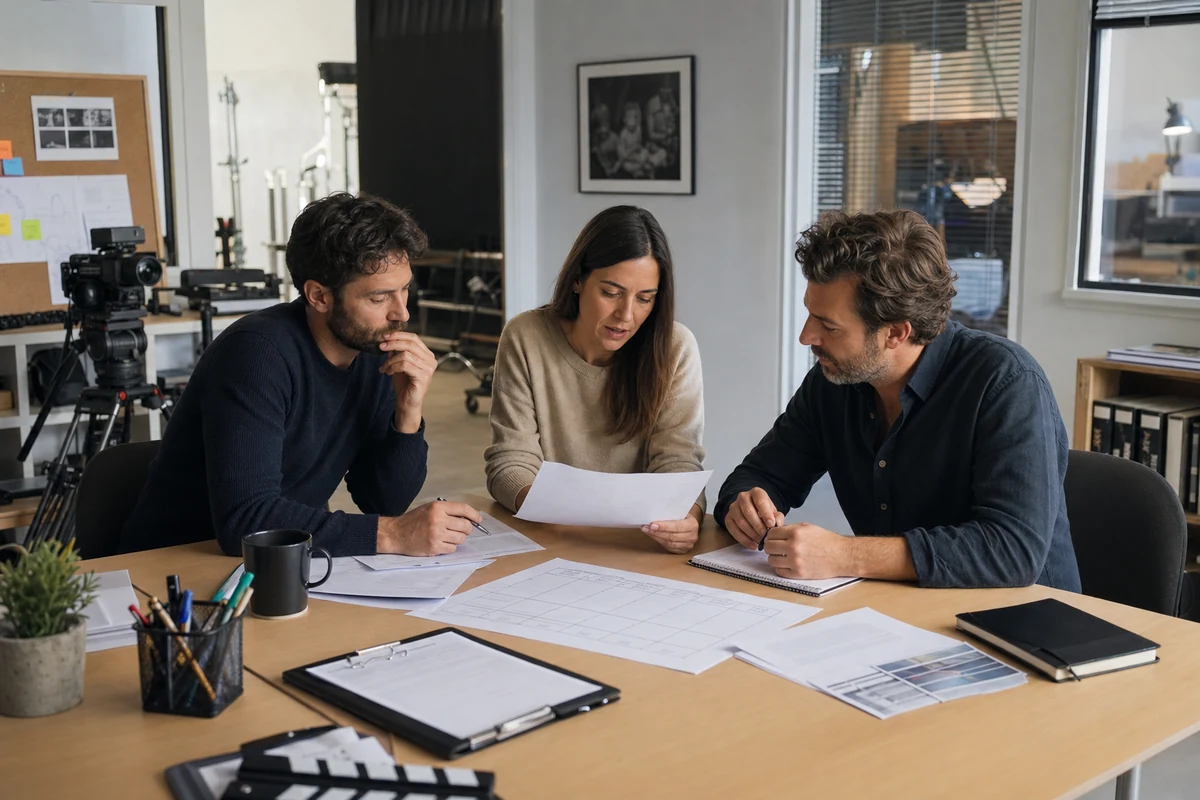 Equip audiovisual revisant un contracte i un calendari de producció artística